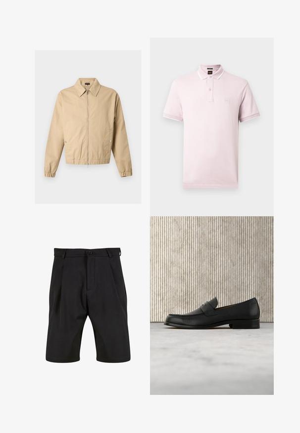 Beige jakke med lynlås, spids krave, sidelommer med trykknapper, elastiske manchetter og elastisk kant mod en ensfarvet baggrund.; Lyserød polo i bomuld med knapped krave, korte ærmer og et lille logopatch på brystet. Hvide detaljer på kraven.; Sorte shorts lavet af et glat stof med skræddersyet design, der har en frontknaplukning, læg og sidelommer.; Sort lædersko i loafer-stil svæver over et beige tæppe med et blankt brunt rundt bord i baggrunden.
