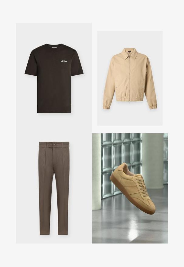 Veste beige zippée avec col pointu, poches latérales à boutons-pression, poignets élastiques et ourlet élastique sur un fond uni.; T-shirt noir à manches courtes avec petit logo blanc "Les Deux" sur la poitrine gauche, col rond, présenté sur un fond clair uni.; Pantalon marron pour homme, coupe fuselée, avec plis, passants pour ceinture, fermeture à boutons et poches latérales sur fond blanc.; Baskets beiges en daim avec semelle en gomme, design à lacets, flottant à l'intérieur sur un sol en béton poli près d'un mur en blocs de verre.