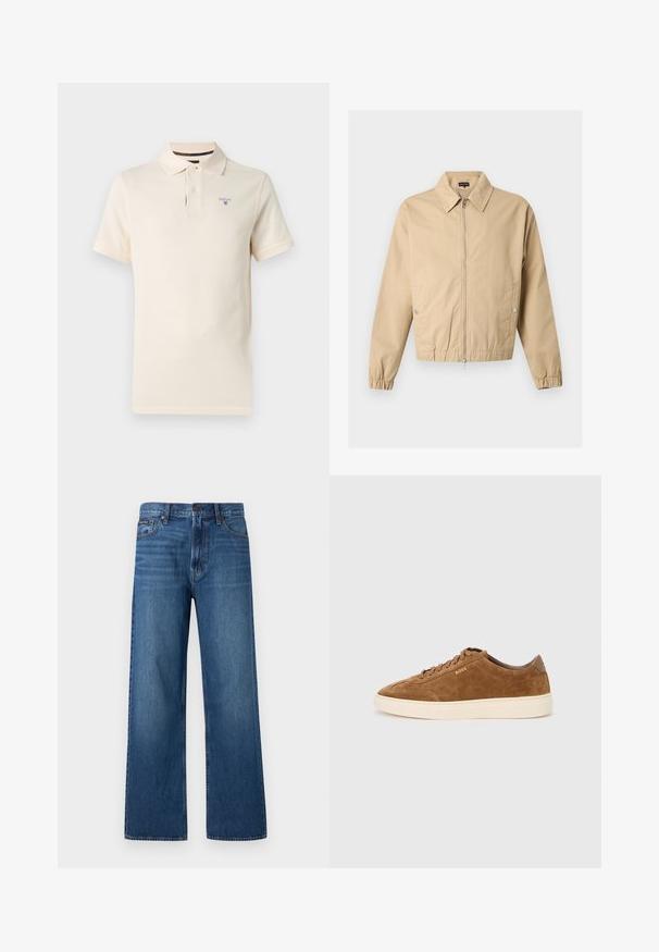Veste beige zippée avec col pointu, poches latérales à boutons-pression, poignets élastiques et ourlet élastique sur un fond uni.; Polo crème à manches courtes avec deux boutons et logo Barbour brodé sur le côté gauche de la poitrine sur un fond uni.; Jean bleu à taille haute et coupe droite, avec bouton et fermeture éclair à l'avant, cinq poches, et un petit patch de marque sur la poche droite.; Baskets en daim marron avec bout rond, semelle en caoutchouc crème et lacets ton sur ton. Présentent un logo en relief sur le côté et un panneau arrière lisse.