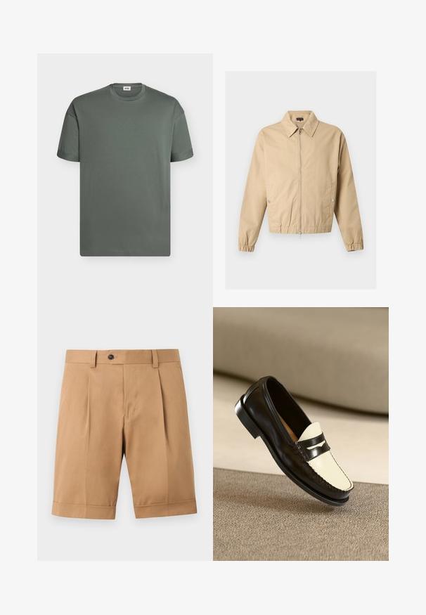Veste beige zippée avec col pointu, poches latérales à boutons-pression, poignets élastiques et ourlet élastique sur un fond uni.; T-shirt uni à manches courtes et col rond en gris foncé avec une petite étiquette de marque à l'intérieur du col.; Shorts sur mesure couleur beige jusqu’au genou, avec plis à l’avant, fermeture par boutons, passants de ceinture et revers aux ourlets sur fond uni.; Mocassin en cuir noir avec un empeigne crème et des rayures noires, présentant un petit talon et des coutures détaillées le long des bords.