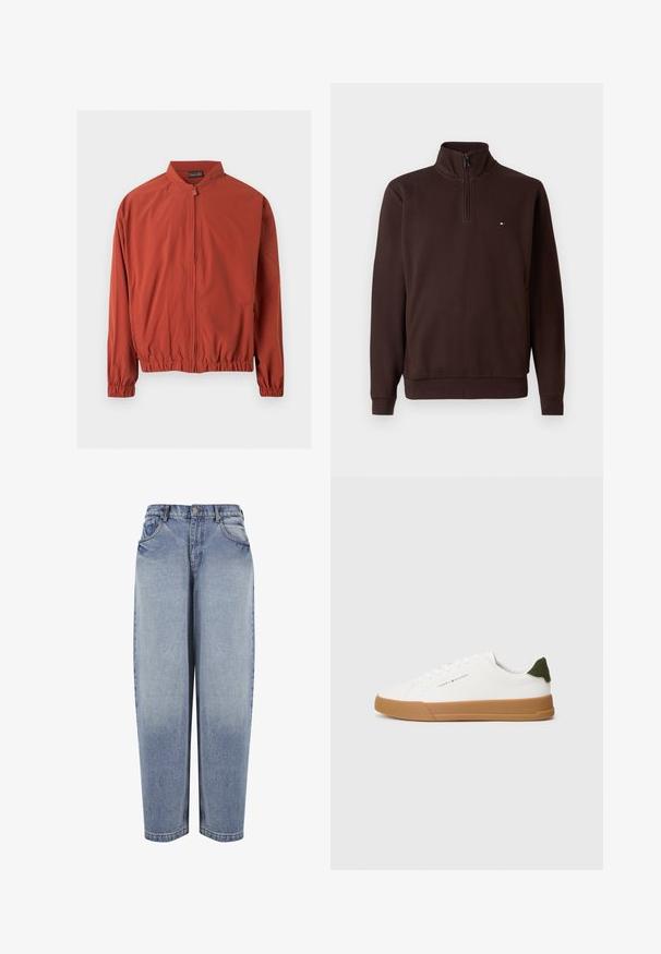 Lichtgewicht jas in roestkleur met rits aan de voorkant, elastische manchetten en elastische tailleband, getoond op een effen achtergrond.; Donkerbruine kwartaal-rits pullover sweatshirt met ribgebreide manchetten en een klein rechthoekig logo op de linkerborst.; Blauwe high-waisted, loszittende denim jeans met voorzakken, riemlussen, knoopsluiting en vervaagde details langs de benen.; Witte lage sneaker met een bruine rubberen zool, groene hieltab en het "Tommy Hilfiger" logo aan de zijkant.