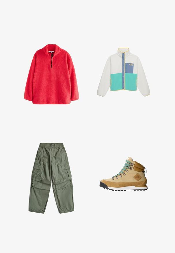 Veste en polaire avec un corps blanc, un panneau de poitrine bleu clair, une section inférieure turquoise et des bordures jaunes. Comprend une poche zippée et des boutons-pression.; Pull en polaire rouge avec un col montant et une fermeture éclair mi-longue, présentant une surface douce et texturée. Manches longues avec une coupe décontractée.; Pantalon cargo vert olive avec ceinture élastique, fermeture par bouton, poches avant et poches cargo à rabat sur les côtés.; Botte de randonnée beige avec un dessus en suède et en toile, lacets turquoise, col rembourré et semelle en caoutchouc noir avec un motif de grip texturé.