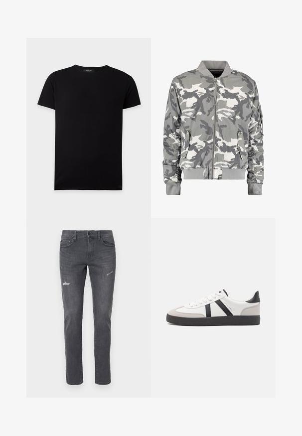 Veste bomber camouflage dans des tons de gris et blanc, présentant une fermeture éclair à l'avant, un col côtelé et des poches latérales avec des détails de manches froncées.; T-shirt noir uni à manches courtes et col rond, posé à plat, avec une petite étiquette de la marque Replay à l'intérieur du col.; Jean en denim gris foncé à coupe slim, avec des détails déchirés et cinq poches. Design classique avec un léger dégradé et coupe droite.; Baskets blanches avec des accents noirs et gris, présentant un embout texturé gris, une semelle en caoutchouc noir et des lacets plats blancs. Design épuré, style minimaliste.