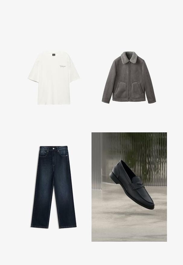 Veste en suède synthétique gris avec un col gris en peluche, deux poches frontales et une fermeture éclair. Texture lisse et silhouette décontractée.; T-shirt blanc oversize à manches courtes avec col rond et petit texte "Streets keep secrets" sur la poitrine gauche.; Jean en denim foncé à jambes larges avec une texture lisse, doté d'une fermeture à boutons sur le devant, de cinq poches et de détails de couture contrastants.; Mocassin en cuir noir à finition lisse, bout pointu et détails cousus sur le dessus. Talon bas et design minimaliste.