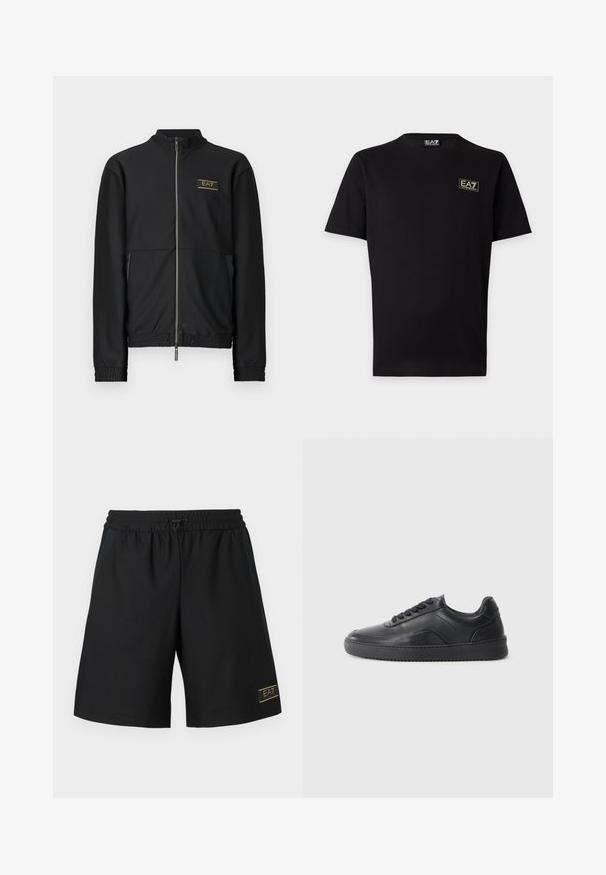 Veste noire à fermeture éclair avec un tissu texturé, dotée d'un col montant, de poignets élastiques et d'un logo doré sur la poitrine. Design léger.; T-shirt noir à manches courtes avec petit patch logo EA7 Emporio Armani sur la poitrine gauche et étiquette assortie au col.; Shorts de sport noirs en tissu texturé, dotés d'une taille élastique avec un cordon de serrage et d'un petit logo doré sur le côté inférieur.; Chaussure de sport en cuir noir avec une finition lisse, bout arrondi, panneau latéral texturé et lacets noirs. Présente une semelle en caoutchouc plate et un design minimaliste.