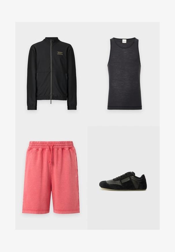 Veste noire à fermeture éclair avec un tissu texturé, dotée d'un col montant, de poignets élastiques et d'un logo doré sur la poitrine. Design léger.; Débardeur noir sans manches en matériau léger, avec un col rond et une texture subtile, doté d'un détail d'ourlet contrasté.; Shorts décontractés rose corail avec taille élastique et cordon ajustable, deux poches latérales et petit logo blanc sur la jambe droite.; Baskets noires en suède et cuir. Présentent un profile bas, un bout arrondi, un design à lacets et des accents texturés. Les semelles ont une texture antidérapante.
