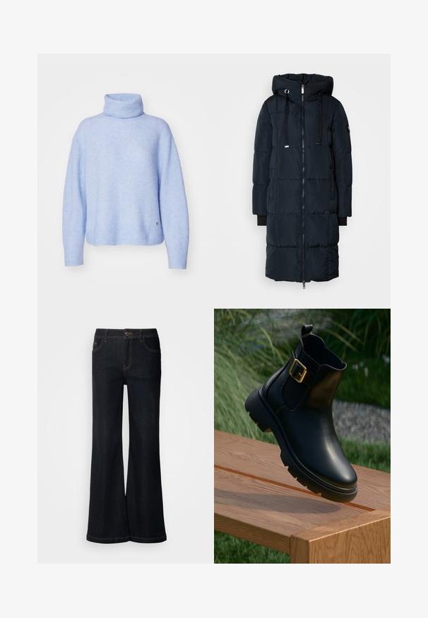 Mos Mosh SQUARE COAT - Abrigo de plumas - navy; Mos Mosh THORA ROLLNECK - Jersey de punto - blue; Mos Mosh MMDARA DELUXE JEANS - Vaqueros boyfriend - dark blue; Botín de cuero negro hasta el tobillo con un acabado brillante, detalle de hebilla dorada y suela robusta. Posicionado en elevación sobre una superficie de madera.