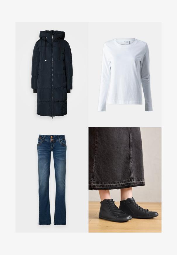 Mos Mosh MMNOVA SQUARE DOWN COAT - Dunfrakker - navy; Hvid langærmet t-shirt lavet af blødt bomuld. Har en rund halsudskæring og tætsiddende ærmer. Glat tekstur med et enkelt design.; Mørkeblå bootcut jeans med to frontknapper, fem lommer og subtil falmning på lår og knæ.; Sorte læder høje sko med en glat overflade, der har snørebånd og en sidezipper. Båret med en lang sort denimnederdel.