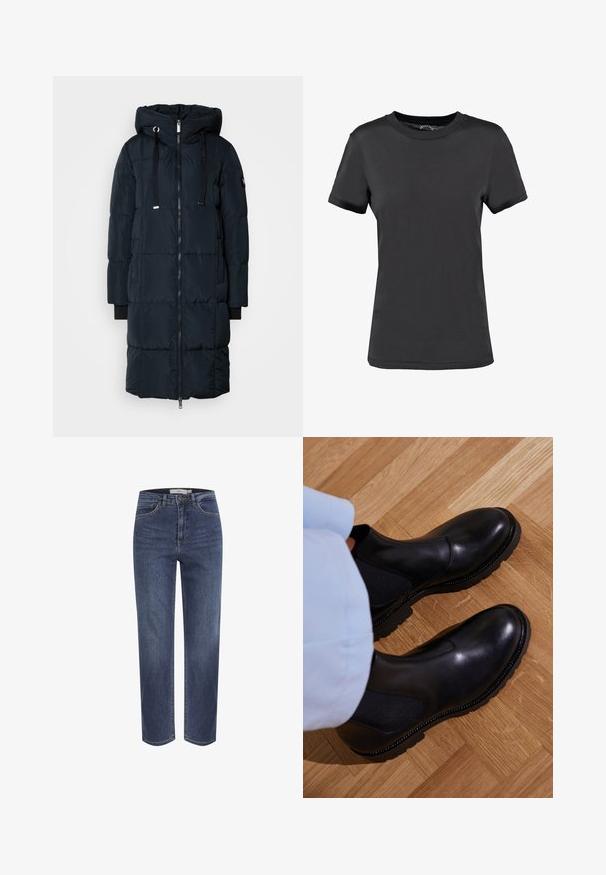 Mos Mosh SQUARE COAT - Daunenmantel - navy; Schwarzes T-Shirt mit kurzen Ärmeln aus glattem Stoff. Verfügt über einen Rundhalsausschnitt ohne sichtbare Muster oder Akzente und bietet ein einfaches Design.; Blaue Jeans mit geradem Bein, vorderen Taschen, Gürtelschlaufen und Knopfverschluss, dargestellt vor weißem Hintergrund.; Schwarze Knöchelstiefel aus glattem Leder mit elastischen Seiteneinsätzen, einer strukturierten Gummisohle und kontrastierenden Nähten entlang der Kante.
