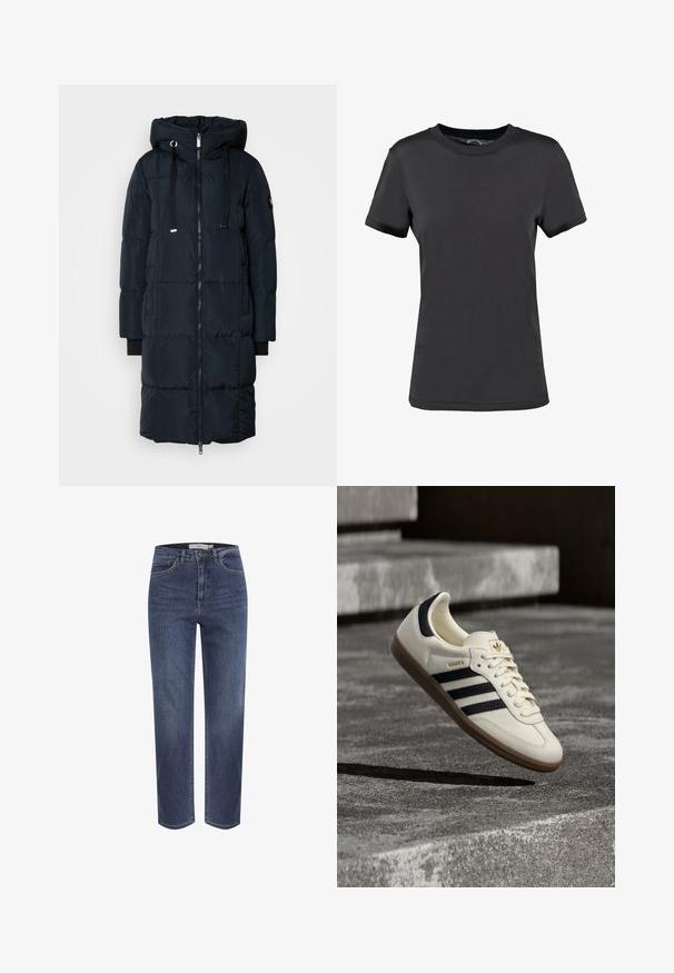 Mos Mosh SQUARE COAT - Donsjas - navy; Zwarte korte mouwen t-shirt gemaakt van een gladde stof. Heeft een ronde hals zonder zichtbare patronen of accenten, wat zorgt voor een eenvoudig ontwerp.; Blauwe spijkerbroek met rechte pijpen, voorzakken, riemlussen en knoopsluiting, getoond tegen een witte achtergrond.; Witte Adidas Samba sneaker met zwarte strepen en gumzool, zwevend boven gestructureerde grijze betonnen treden.