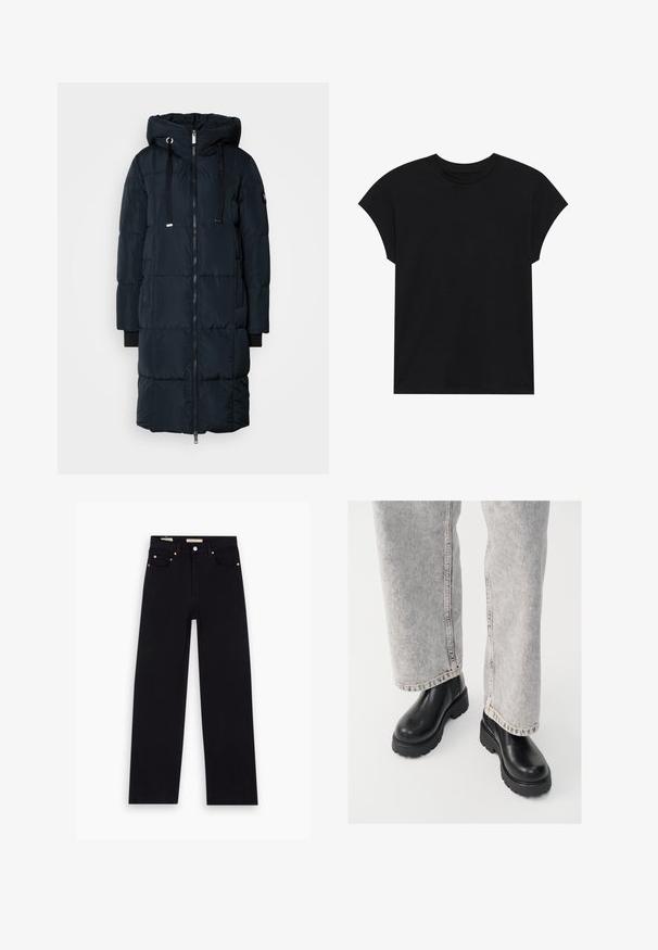 Mos Mosh MMNOVA SQUARE DOWN COAT - Manteau en duvet - navy; T-shirt en coton noir avec un col rond, des manches courtes et une coupe décontractée. Texture lisse sans motifs ni embellissements visibles.; Jean en denim noir avec une coupe droite, cinq poches, matériel en cuivre et texture lisse. Deux étiquettes visibles sur la taille.; Vagabond COSMO - Bottines à plateau - black