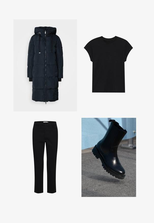 Mos Mosh MMNOVA SQUARE DOWN COAT - Páperový kabát - navy; Čierne bavlnené tričko s okrúhlym výstrihom, krátkymi rukávmi a pohodlným strihom. Hladký povrch bez viditeľných vzorov alebo ozdôb.; Čierne bavlnené nohavice s rovnými nohavicami. Obsahujú päť vreciek a zapínanie na prednom tlačidle. Hladká textúra, minimálne detaily šitia.; Čierna kožená členková čižma s elastickými bočnými panelmi, zaoblenou špičkou a hrubou, texturovanou podrážkou. Hladké prevedenie s minimalistickým dizajnom.
