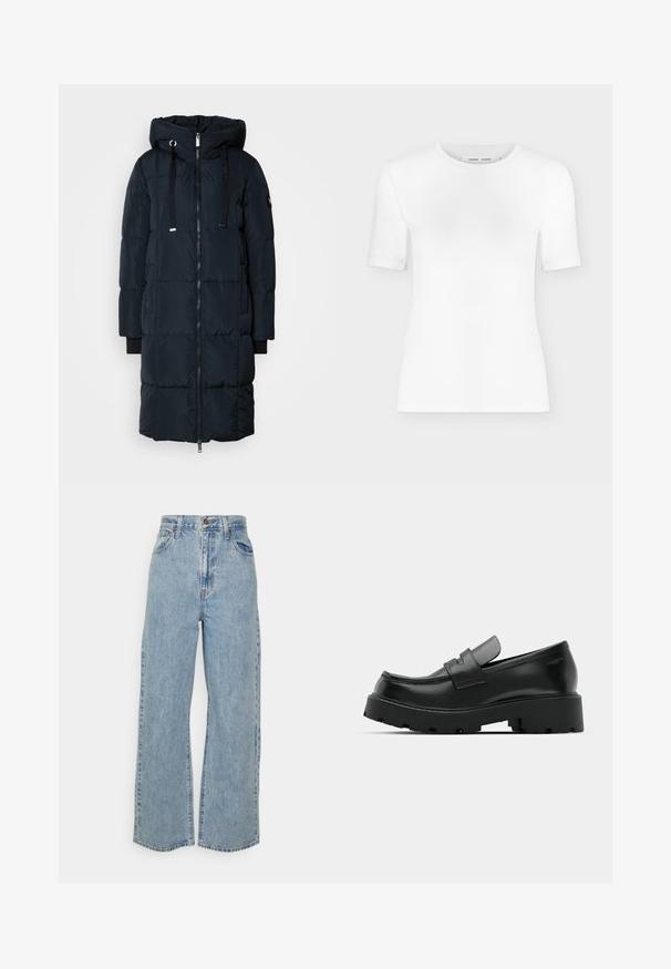 Mos Mosh MMNOVA SQUARE DOWN COAT - Donsjas - navy; Wit T-shirt met korte mouwen en een ronde hals, een slanke pasvorm en geribbelde stof, weergegeven op een effen lichtgrijze achtergrond.; Lichtblauwe wijde denim jeans met hoge taille, sluiting met voorknop en rits, en vijfzakkenontwerp op een effen achtergrond.; Zwarte leren instappers met een chunky, gestructureerde zool, voorzien van een band over de voet en een gladde, gepolijste afwerking.
