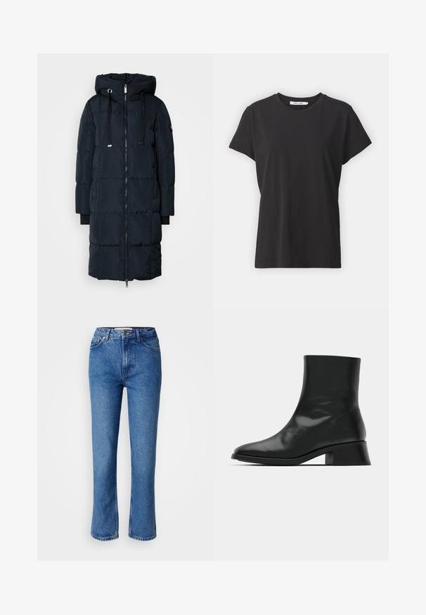 Mos Mosh SQUARE COAT - Páperový kabát - navy; Čierne bavlnené tričko s klasickým okrúhlym výstrihom, krátkymi rukávmi a voľným strihom. Hladká textúra, žiadne viditeľné vzory ani akcenty.; Modré denimové džínsy so strihom rovného nohu, s klasickým päťvreckovým dizajnom, oranžovým prešívaním a zapínaním na gombík.; Čierne členkové topánky vyrobené z lesklej kože, s elegantným dizajnom, špicatou špičkou a stredne vysokým blokovým podpätkom pre stabilitu.