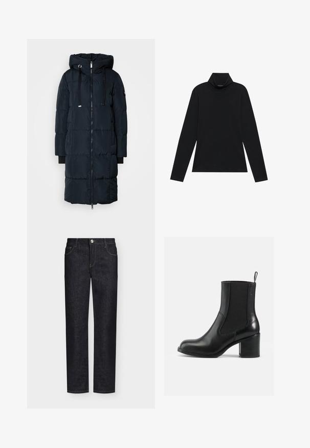 Mos Mosh SQUARE COAT - Donsjas - navy; Zwarte langetermijn turtleneck. Zachte stof, getailleerd design, hoge kraag en zijnaad. Eenvoudige en veelzijdige stijl die geschikt is voor het laagjes dragen.; Zwarte rechte spijkerbroek met voorzakken, riemlussen en knoopsluiting op een effen achtergrond.; Zwarte leren enkelboot met elastische zijkanten, ronde neus en blokhak. Gladde textuur met minimale stiknaaddetails.