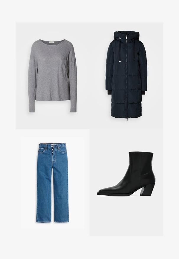 Mos Mosh MMNOVA SQUARE DOWN COAT - Abrigo de plumas - navy; Camisa de manga larga gris claro con escote redondo y un pequeño bolsillo en el pecho, exhibida sobre un fondo blanco.; Vaqueros de mezclilla azul de pierna recta con una cintura alta, diseño de cinco bolsillos y cierre de botones. Costuras visibles y remaches de tono cobrizo.; Bota de tobillo de cuero negro con punta afilada, una silueta elegante y un tacón cuadrado grueso. Textura suave con detalles de costura mínimos.