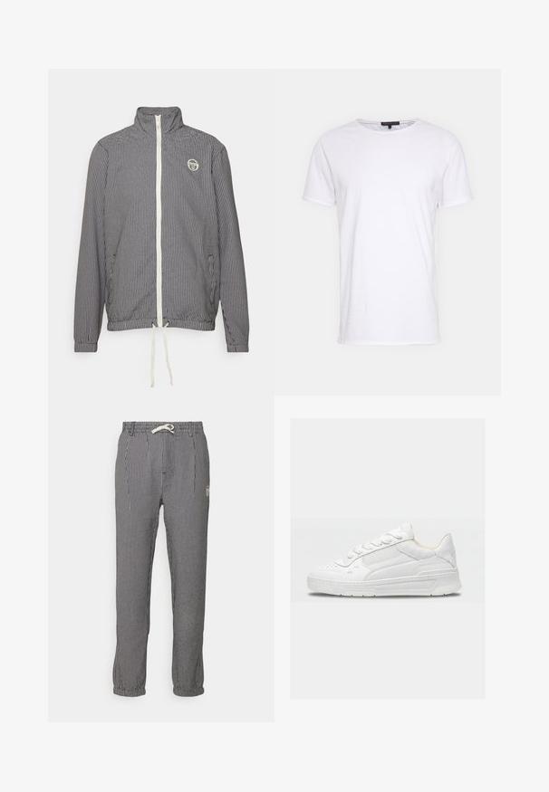 Marine- en witte geruite lichtgewicht jas met hoge kraag, volledige ritssluiting aan de voorkant, elastische zoom en een trekkoorddetails. Heeft een logo op de borst.; Witte katoenen t-shirt met een ronde halslijn, korte mouwen en een rechte snit. Heeft een eenvoudige, gladde textuur zonder aanvullende patronen.; Gestreepte broek in zwart en wit, met een elastische tailleband en trekkoord, taps toelopende boorden en een klein logo aan de zijkant.; Witte lage sneaker met geperforeerde details en een mesh zijpaneel, met een dikke zool en veterontwerp.