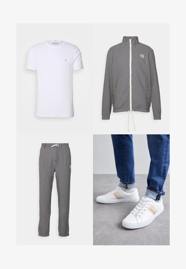 Marine- en witte geruite lichtgewicht jas met hoge kraag, volledige ritssluiting aan de voorkant, elastische zoom en een trekkoorddetails. Heeft een logo op de borst.; Witte katoenen t-shirt met korte mouwen, met een klein oranje "II" logo op de linkerborst en een ronde halslijn. Eenvoudig ontwerp en textuur.; Gestreepte broek in zwart en wit, met een elastische tailleband en trekkoord, taps toelopende boorden en een klein logo aan de zijkant.; Witte leren sneakers met meerkleurige strepen, vetersluiting, rubberen zool en gevoerd kraagje, gecombineerd met blauwe spijkerbroek.