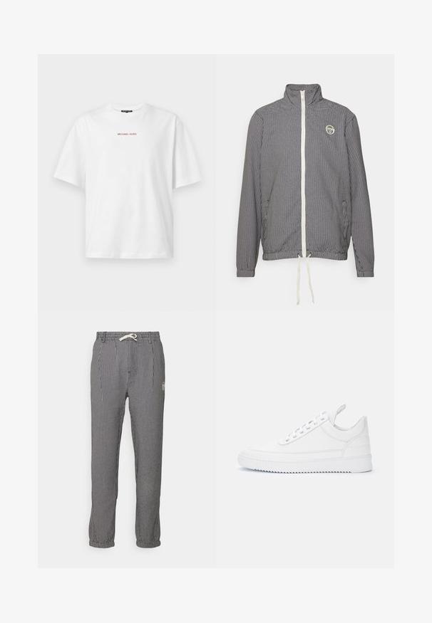 Marineblå og hvidternet let jakke med høj krave, fuld frontlynlås, elastisk kant og snoretræk detaljer. Har et logo på brystet.; Hvid kortærmet t-shirt med rund hals og lille rød "MICHAEL KORS" tekst centreret på brystet.; Stribede bukser i sort og hvid, med elastisk talje og snøre, tapered cuffs og et lille logo på siden.; Hvid lav sneaker med snørelukning, syninger, trækkehank på hælen og rillede sål på ensartet lyst baggrund.