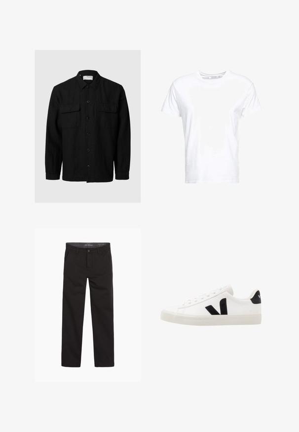 Chemise noire à manches longues, en tissu texturé. Équipée de deux poches poitrine et d'un col classique.; T-shirt en coton blanc avec un col rond et des manches courtes, au fit classique et à la texture lisse. Aucun motif ni accessoire visible.; Pantalon en coton noir avec une texture lisse, coupe droite, fermeture éclair et deux poches avant ; style minimaliste et polyvalent.; Sneaker blanche en cuir avec des accents en daim noir ; dispose d'une semelle en caoutchouc, d'un bout rond et d'un design classique à lacets. Logo latéral en noir.