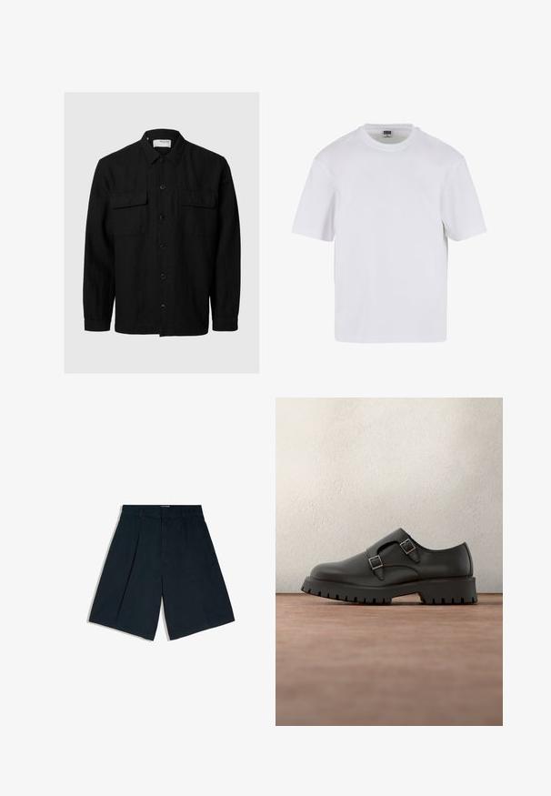 Chemise noire à manches longues, en tissu texturé. Équipée de deux poches poitrine et d'un col classique.; T-shirt blanc à manches courtes en coton. Il présente un col rond et une coupe décontractée. Texture lisse, design minimaliste, sans motifs ni accents.; Shorts noirs longueur genou avec passants de ceinture, plis sur le devant et une fermeture avant cachée, présentés sur un fond blanc.; Chaussure en cuir noir avec double boucle, pointe arrondie et semelle épaisse en caoutchouc texturé. Design minimaliste avec intérieur bleu contrastant.