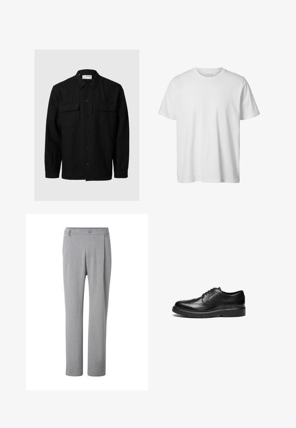 Chemise noire à manches longues, en tissu texturé. Équipée de deux poches poitrine et d'un col classique.; T-shirt blanc uni à manches courtes, col rond, coupe décontractée, sans logos ni motifs visibles à l'avant.; Pantalon gris clair à jambes droites avec un bouton et des passants de ceinture, présenté de face sur fond blanc.; Chaussure de ville noire en cuir avec des détails en brogue, bout rond et semelle texturée. Caractéristiques de lacets classiques et d'un talon solide pour le soutien.