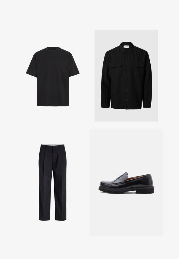 Camisa negra de botones con mangas largas, hecha de una tela texturizada. Cuenta con dos bolsillos en el pecho y un cuello clásico.; Camiseta de algodón negra, de manga corta, cuello redondo, ligera, de corte holgado, con textura suave, sin patrones ni acentos visibles.; Pantalones negros de tiro recto con cinturilla, trabillas, cremallera frontal y bolsillos laterales mostrados sobre un fondo blanco.; Mocasines de penny de cuero negro con suela de goma gruesa y costura tipo moc, presentados de perfil sobre un fondo blanco.