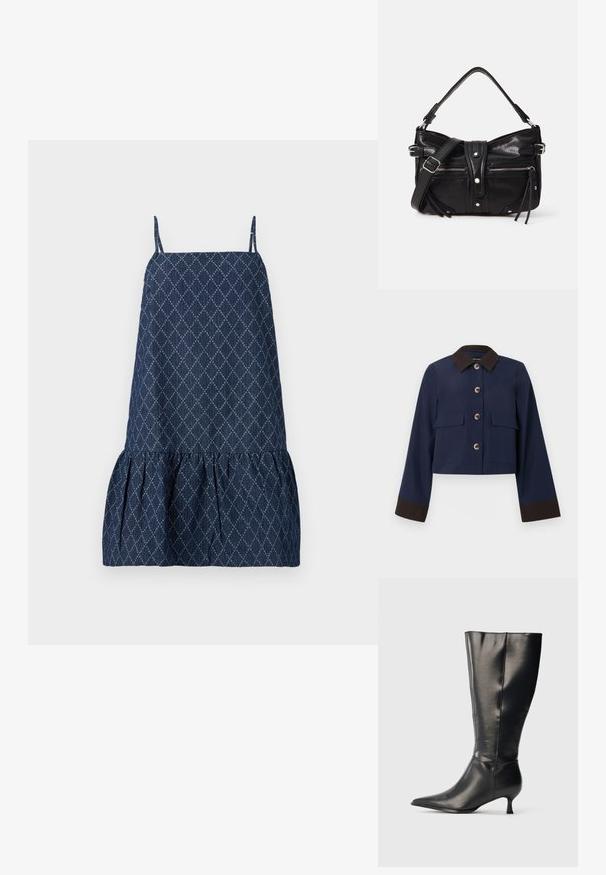 Marineblå cropped jakke med en brun krave og manchetter, der har store forlommer og brune knapper. Glat tekstur, skræddersyet design.; Marineblå kjole med justerbare spaghettistropper, diamantmønster, samlet bundkant og struktureret stof.; Sort knæhøj læderstøvle med spids tå og lav kittenhæl, vist på en enkel lys baggrund.; Even&Odd by Zalando H24462 - Håndtasker - black