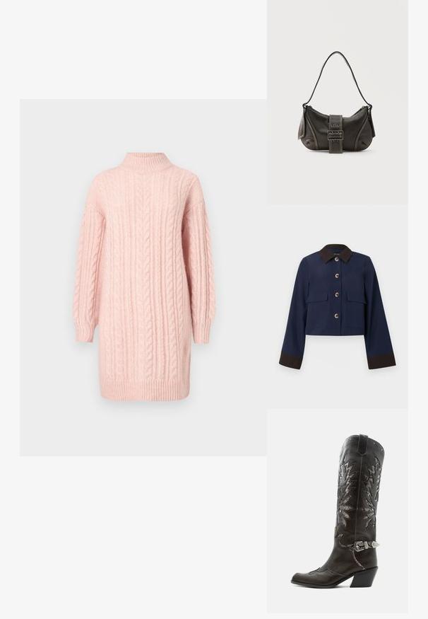 Marineblauwe kortstaande jas met een bruine kraag en manchetten, voorzien van grote voorzakken en bruine knopen. Soepele textuur, op maat ontworpen.; Zacht rozenkwarts kabel gebreide sweaterjurk met lange mouwen en een ribbel hals, zoom en manchetten op een witte achtergrond.; Zwarte leren cowboylaars met decoratieve uitsnijdingen, zilveren gesp en schuine hak, weergegeven op een witte achtergrond.; Zwarte leren schoudertas met gespsluiting aan de riem, afgeronde hoeken en contrasterende witte stiksels op een effen achtergrond.