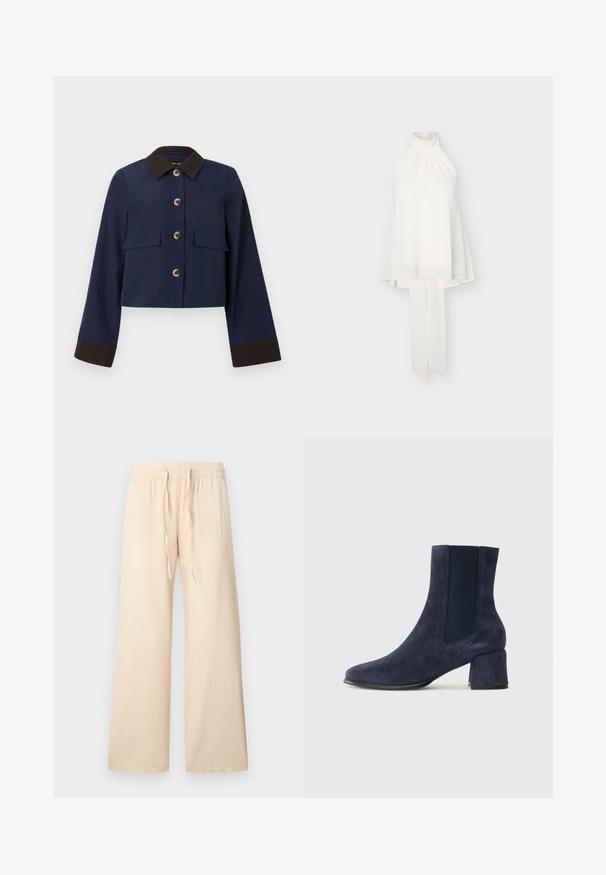 Marineblau gekürzte Jacke mit einem braunen Kragen und Manschetten, ausgestattet mit großen Taschen vorne und braunen Knöpfen. Glatte Textur, maßgeschneiderte Gestaltung.; Weißes ärmelloses Neckholder-Top mit hohem gerafftem Ausschnitt und langen Stoffbändern, die hinten hängen, vor einfarbigem Hintergrund.; Beige weite Hosen aus weichem Stoff, mit elastischem Bund und Kordelzug, ohne sichtbare Muster oder Akzente.; Navy Wildleder-Ankle Boots mit Blockabsatz, ausgestattet mit elastischen seitlichen Einsätzen für ein einfaches Anziehen und einer glatten Textur. Entworfen mit einer eleganten Silhouette.