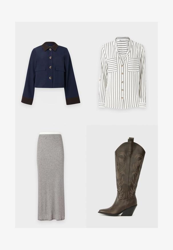 Veste cropped navy avec un col et des poignets marron, dotée de grandes poches avant et de boutons marron. Texture lisse, design ajusté.; Chemise blanche à manches longues avec des rayures verticales noires, dotée de deux poches poitrine, d'un devant à boutons et de poignets avec des détails rayés.; Jupe longue en maille grise au toucher doux, taille cintrée. Design simple, sans motifs ni accessoires visibles.; Botte de cowboy en cuir marron avec un embout pointu, un talon compensé et des broderies décoratives. Dispose d'un long tige et d'une languette de tirage.