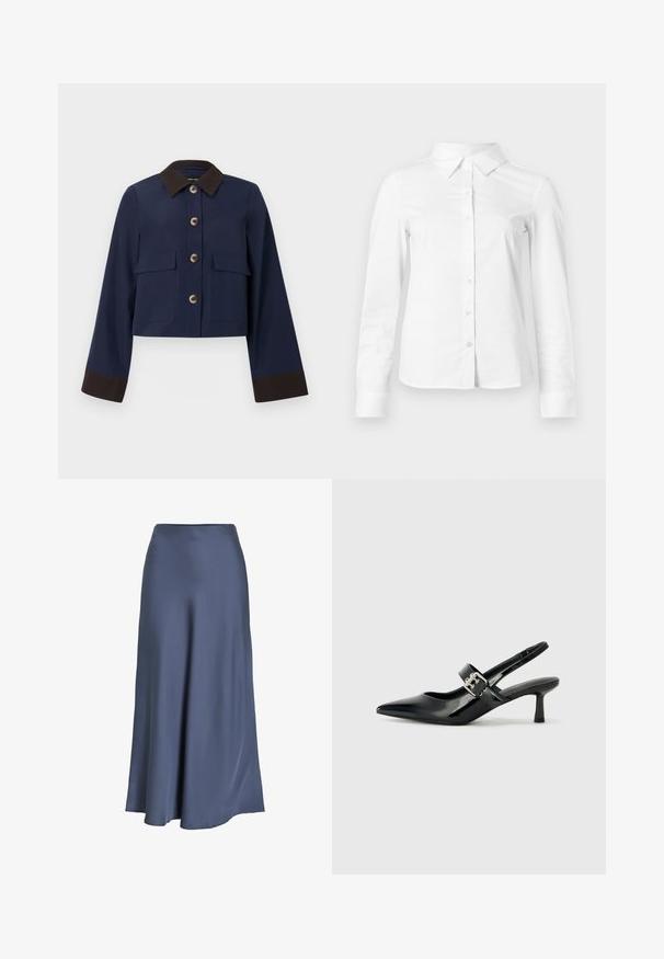 Chaqueta corta de color navy con cuello y puños marrones, con grandes bolsillos frontales y botones marrones. Textura suave, diseño a medida.; Camisa blanca de manga larga con botones, cuello puntiagudo, bajo recto y silueta ajustada, presentada sobre un fondo claro y liso.; Falda A-line de satén en azul oscuro. Textura suave, de largo hasta el suelo, con cintura ajustada y dobladillo acampanado. Sin patrones visibles ni elementos de hardware.; Zapatos de tacón en charol negro con tira al tobillo, punta afilada y un pequeño tacón bloque, que cuentan con un acento de hebilla plateada en la correa.