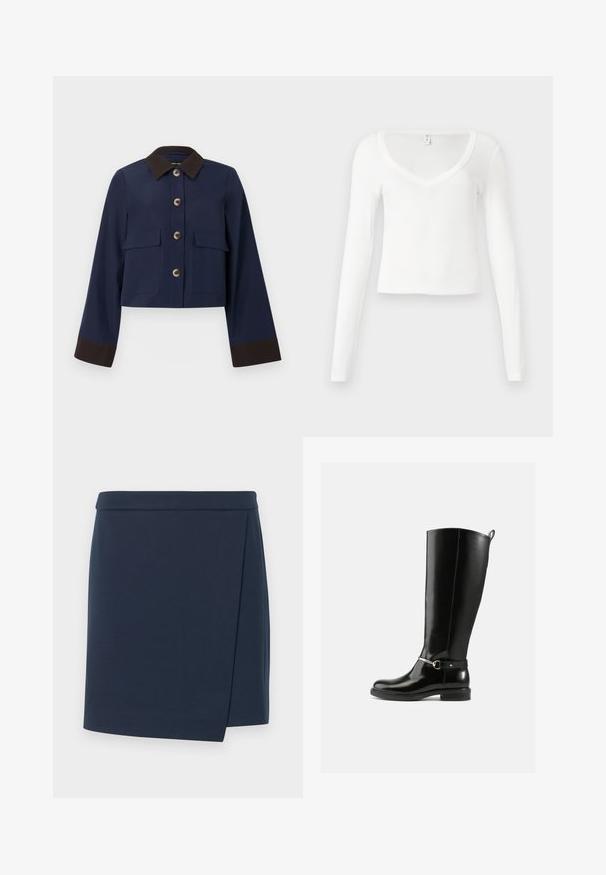 Veste cropped navy avec un col et des poignets marron, dotée de grandes poches avant et de boutons marron. Texture lisse, design ajusté.; Chemise blanche à manches longues, col en V, ajustée et courte, avec une texture de tissu simple et lisse sur un fond neutre.; Jupe portefeuille bleu marine avec une texture lisse, présentant une coupe droite et un léger chevauchement latéral, conçue pour une silhouette ajustée.; Bottes noires montantes en cuir verni, avec un détail de boucle argentée à la cheville et une conception à bout arrondi. Semelle plate.