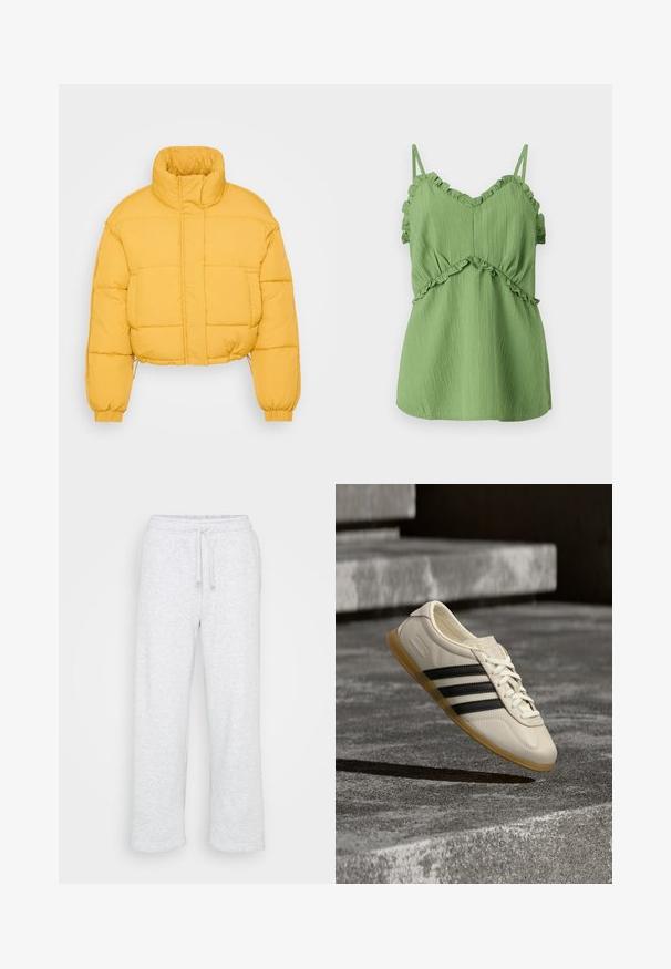 Chaqueta acolchada amarilla corta con cuello alto, que presenta un diseño acolchado, puños elásticos y un dobladillo con cordón para un ajuste ajustable.; Top verde sin mangas con tirantes con volantes, tejido texturizado y cintura fruncida. Presenta un escote en V y una silueta fluida.; Pantalones de chándal de algodón gris claro con cintura elástica y cordón, corte de pierna recta, sin logotipos ni patrones visibles.; Zapatilla blanca con rayas negras y suela de goma suspendida sobre escaleras de hormigón en luz diurna suave.