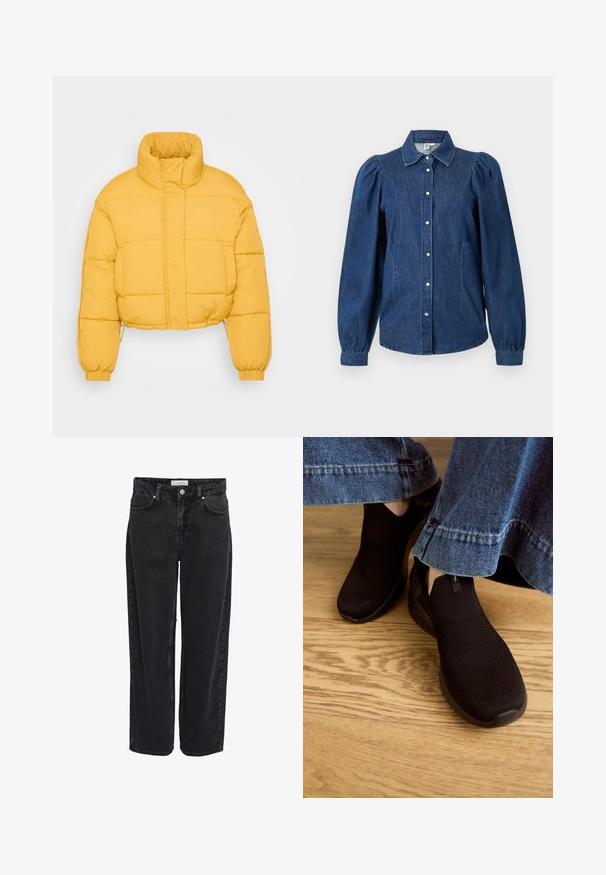 Gelbe kurze Puffermantel mit hohem Kragen, featuring ein gesteppter Design, elastischen Bündchen und einem Kordelzugsaum für eine verstellbare Passform.; Dunkelblaues Jeanshemd mit langen, gepufften Ärmeln, einer durchgehenden Knopfleiste und einem klassischen Kragen. Verfügt über zwei Seitentaschen und einen leicht abgerundeten Saum.; Schwarze Denim-Jeans mit weitem Bein und hoher Taille, fünf Taschen und Reißverschluss. Glatte Textur mit minimal sichtbaren Nähdetails.; Schwarze Slipper mit einem strukturierten Strickobermaterial und elastischem Eingangsbereich. Abgerundete Zehenform und profilierte, gepolsterte Sohle, getragen mit einem Denim-Saum.