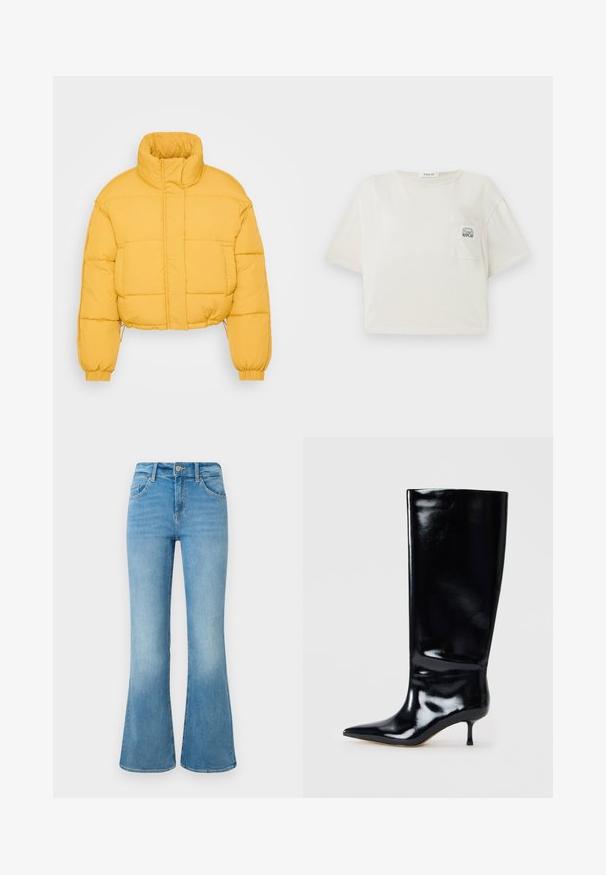 Gelbe kurze Puffermantel mit hohem Kragen, featuring ein gesteppter Design, elastischen Bündchen und einem Kordelzugsaum für eine verstellbare Passform.; Gekürztes, kurzärmliges T-Shirt aus cremefarbener Baumwolle. Verfügt über eine Brusttasche mit einem bedruckten Logo und einem runden Halsausschnitt. Glatte Textur.; Hellblaue Denim-Flaggenjeans mit Fronttaschen, Gürtelschlaufen und einer Knopfverschlus gegen einem weißen Hintergrund.; Schwarze, knöchelhohe Lederstiefel mit glänzender Oberfläche, spitzer Zehe und schlankem Absatz. Glatte Struktur mit minimalen Designdetails.