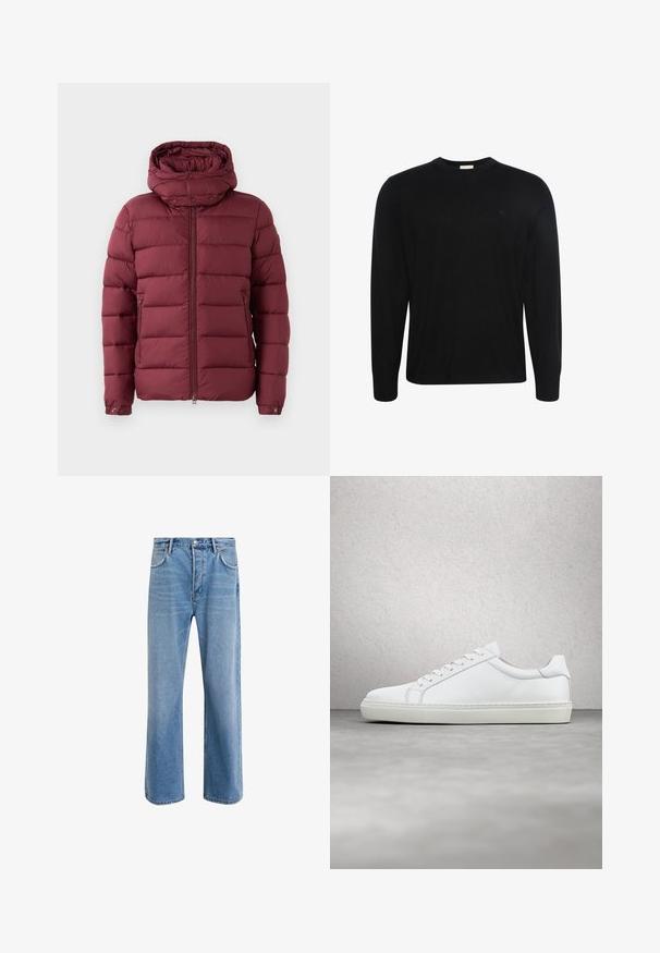 Burgunderrote Pufferjacke mit hohem Kragen, Reißverschluss vorne und Druckknöpfen. Verfügt über eine gesteppte Textur und seitliche Taschen für zusätzliche Funktionalität.; Schwarzer Pullover mit langen Ärmeln und Rundhalsausschnitt, aus dezent strukturiertem Stoff mit kleinem gesticktem Logo auf der linken Brust.; Helle blaue Jeans im Geradeschnitt-Design, mit fünf Taschen, Knopfverschluss, minimaler Ausbleichung und kontrastierenden Nähdetails.; Weißer Sneaker mit glattem Lederobermaterial und niedrigem Profil. Verfügt über eine runde Zehenpartie, sechs Ösen und eine strukturierte Gummisohle.