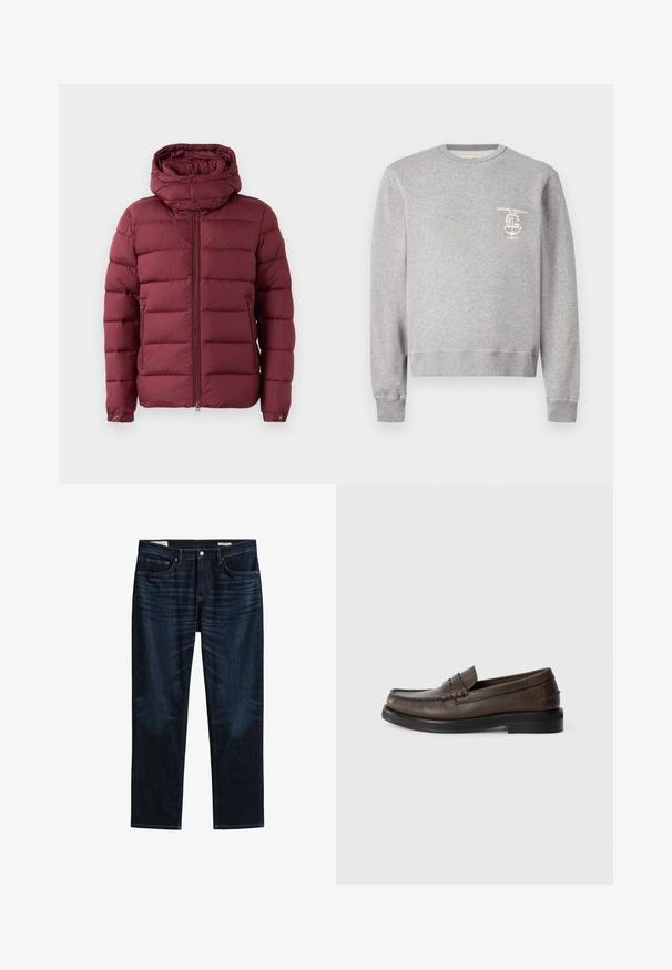Veste rembourrée bordeaux avec un col haut, fermeture éclair à l'avant et boutons-pression. Présente une texture matelassée et des poches latérales pour plus de fonctionnalité.; Sweat-shirt gris clair à col rond, manches longues et petit logo blanc imprimé à gauche sur la poitrine indiquant « Officine Generale Paris 6 ».; Jean bleu foncé à jambes droites avec poches avant et arrière, fermeture par boutons et détails de whiskering subtils sur les cuisses.; Mocassin en cuir marron avec un détail cousu sur la pointe, semelle plate et petit talon empilé. Texture lisse avec des éléments de design minimalistes.