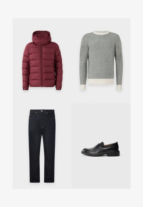 Bordeaux pufferjakke med høj krave, lynlås foran og trykknapper. Har quiltet tekstur og sidelommer for ekstra funktionalitet.; Grå og creme stribet sweater med ribbet rund hals og manchetter. Fremstillet af struktureret stof, med en tætsiddende design og lange ærmer.; Mørkeblå denimjeans med lige ben-design, der har fem lommer, kontrastfarvet orange syninger og en knaplukning i taljen.; Sorte læder slip-on dress sko med lav hæl og subtil Calvin Klein logo på siden, vist i profil på en hvid baggrund.
