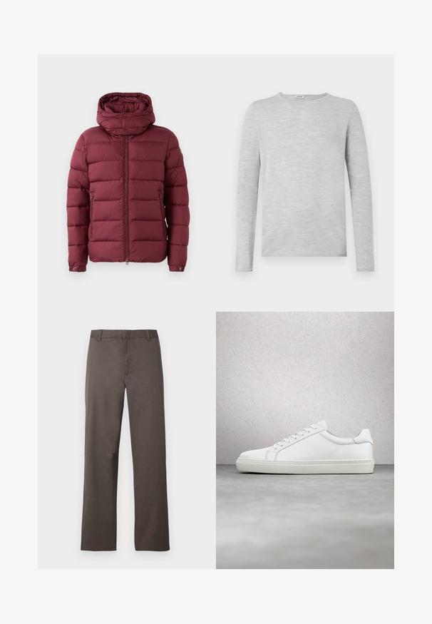 Veste rembourrée bordeaux avec un col haut, fermeture éclair à l'avant et boutons-pression. Présente une texture matelassée et des poches latérales pour plus de fonctionnalité.; Chemise à manches longues grise en tissu doux et texturé, avec un col rond et une coupe droite, sans motifs ni accents visibles.; Pantalon en coton marron avec une coupe droite, doté de passants de ceinture et une texture lisse. Aucun motif visible ni détail de quincaillerie.; Sneaker blanche avec une tige en cuir lisse et un profil bas. Présente un bout arrondi, six œillets et une semelle en caoutchouc texturé.