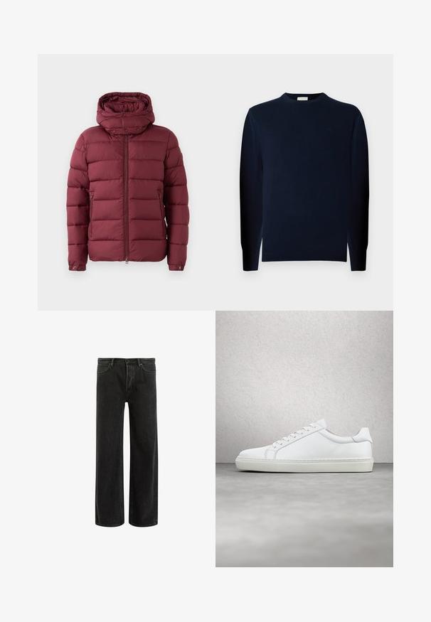 Burgunderrote Pufferjacke mit hohem Kragen, Reißverschluss vorne und Druckknöpfen. Verfügt über eine gesteppte Textur und seitliche Taschen für zusätzliche Funktionalität.; Junger Mann mit lockigem Haar, der einen dunklen Pullover mit langen Ärmeln und dunkle Hosen trägt, steht vor einem einfarbigen grauen Hintergrund.; Schwarze, weit geschnittene Jeans aus Denim mit hoher Taille, im klassischen Fünf-Taschen-Design und subtilem Verblassen für eine strukturierte Optik.; Weißer Sneaker mit glattem Lederobermaterial und niedrigem Profil. Verfügt über eine runde Zehenpartie, sechs Ösen und eine strukturierte Gummisohle.
