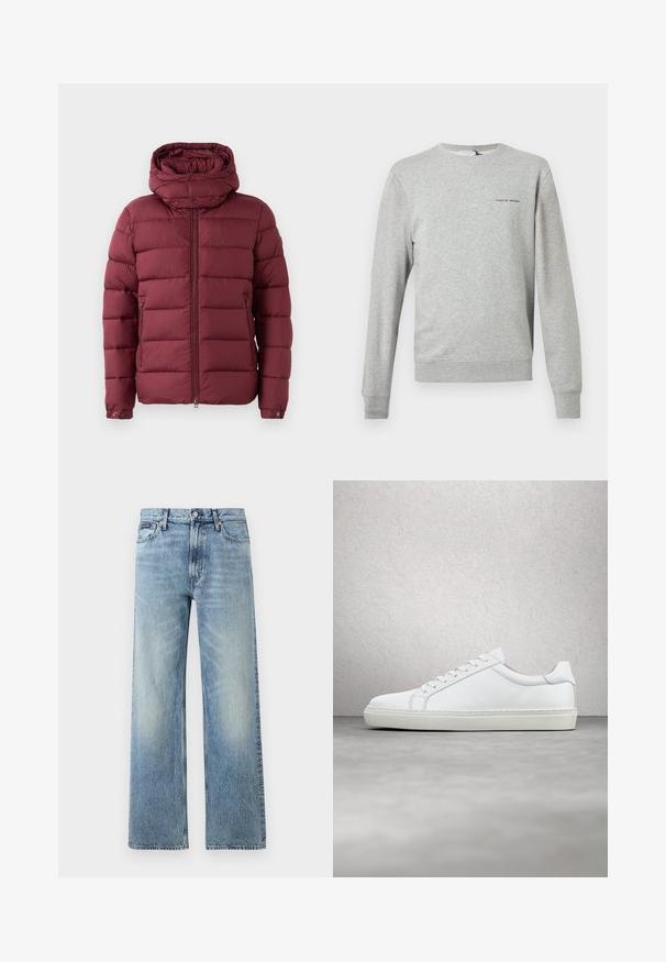 Bordeaux pufferjack met een hoge kraag, rits aan de voorkant en drukknoopjes. Heeft een gekruiste textuur en zijzakken voor extra functionaliteit.; Lichtgrijze sweatshirt met lange mouwen en een ronde hals, voorzien van geribbelde manchetten en zoom, met kleine "Tiger of Sweden" tekst op de linkerbovenzijde.; Lichtblauwe denim jeans met rechte pijpen, een hoge taille, vijf zakken, knoopsluiting en subtiele vervaging op de dijen en knieën.; Witte sneaker met een gladlederen bovenwerk en een laag profiel. Voorzien van een ronde neus, zes vetergaatjes en een gestructureerde rubberen zool.