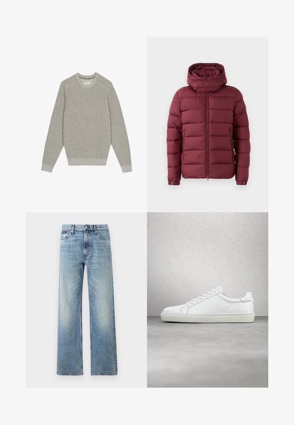 Veste rembourrée bordeaux avec un col haut, fermeture éclair à l'avant et boutons-pression. Présente une texture matelassée et des poches latérales pour plus de fonctionnalité.; Pull en maille gris clair avec texture côtelée, col rond et manches longues. Design simple, ourlets élastiqués, détails minimalistes.; Jean droit en denim bleu clair avec taille haute, cinq poches, fermeture à boutons et léger délavage sur les cuisses et les genoux.; Sneaker blanche avec une tige en cuir lisse et un profil bas. Présente un bout arrondi, six œillets et une semelle en caoutchouc texturé.