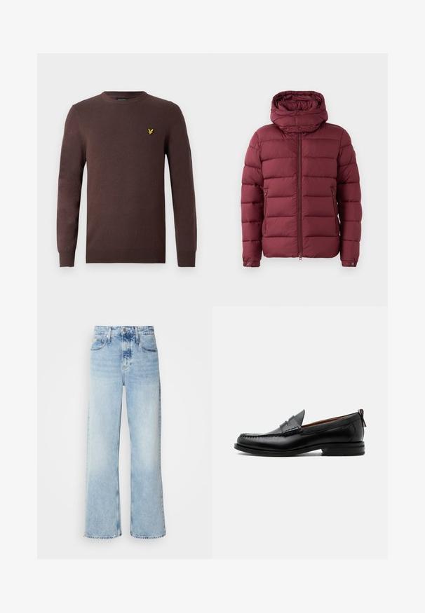 Chaqueta de plumas marrón burdeos con un alto cuello, cierre de cremallera frontal y botones a presión. Presenta un diseño acolchado y bolsillos laterales para mayor funcionalidad.; Suéter marrón hecho de tela de punto suave, con cuello redondo y mangas largas. Acento bordado de un pájaro amarillo en el pecho.; Vaqueros de pierna ancha en azul claro con una alta cintura, que presentan un acabado desgastado, cinturillas y un clásico diseño de cinco bolsillos. El dobladillo es sin acabar.; Mocasín de hombre de piel negra con costura moc toe, tira penny, cuello texturizado y tacón bajo apilado sobre fondo blanco.