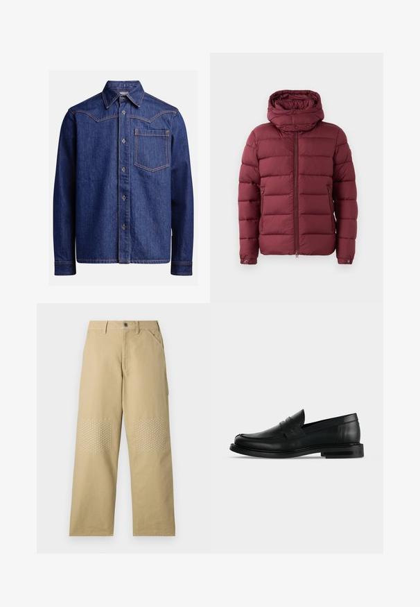 Bordeaux pufferjack met een hoge kraag, rits aan de voorkant en drukknoopjes. Heeft een gekruiste textuur en zijzakken voor extra functionaliteit.; Donkerblauwe denim overhemd met lange mouwen, puntige kraag, knoopsluiting, borstzak en contrasterende oranje stiksel.; Khaki katoenen broek met een recht pijpdesign, voorzien van witte kruissteekstiksels op de kniestukken en een sluiting met een knop aan de voorkant.; Zwarte leren heren penny loafer met lage gestapelde hak en afgeronde neus, zijaanzicht op lichte grijze achtergrond.