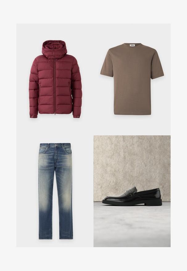 Bordeaux pufferjack met een hoge kraag, rits aan de voorkant en drukknoopjes. Heeft een gekruiste textuur en zijzakken voor extra functionaliteit.; Bruin katoenen T-shirt met korte mouwen, ronde hals en een gladde textuur. Heeft een rechte zoom en een minimalistisch ontwerp.; Blauwe denim jeans met een rechte snit, voorzien van subtiele vervaging en wassing details aan de voorkant, vijf-pocket ontwerp en ceintuurlussen.; Zwarte gepolijste leren loafer die boven een beige tapijt zweeft met oranje doorschijnend meubilair op de achtergrond.
