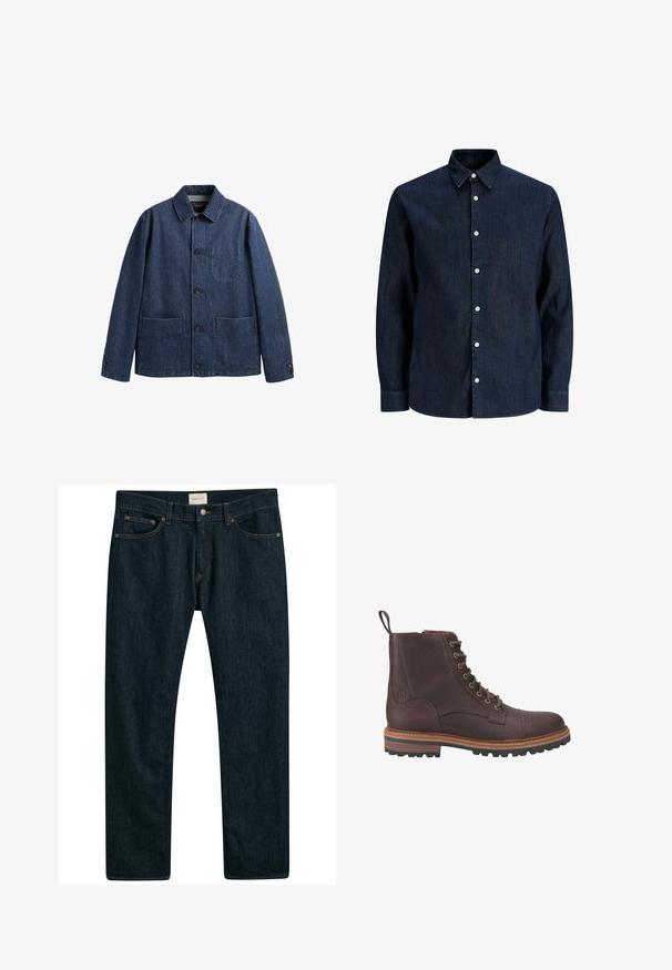 Dunkelblaue Jeansjacke mit Kragen, Knopfleiste vorne, zwei unteren Taschen, einer Brusttasche und geknöpften Manschetten.; Dunkelblaues Jeanshemd mit langen Ärmeln, weißen Knöpfen und spitzem Kragen, auf weißem Hintergrund gezeigt.; Dunkelblaue Denims mit geradem Bein, fünf Taschen-Stil und Kontrastnähten an den Nähten. Glatte Stofftextur.; Braune Leder-Stiefeletten mit Schnürung, strukturierter Oberfläche, kontrastierenden beigen Sohlen und Metallösen. Verfügen über eine Lasche zum einfachen An- und Ausziehen.