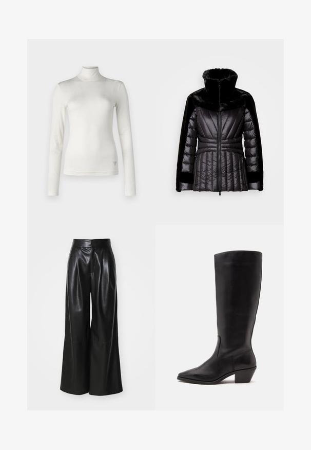 Veste matelassée noire avec un col en fausse fourrure haut, design matelassé et poches zippées sur les côtés. Présente une silhouette ajustée et des accents texturés.; Haut à col roulé blanc à manches longues en tissu doux à la texture lisse. Présente un accent logo subtil sur le côté inférieur.; Pantalons large en faux cuir noir, taille haute, avec un devant plissé et une texture lisse. Caractéristiques d'un design épuré et minimaliste.; Botte en cuir noire mi-mollet avec un bout pointu et un talon bas incliné sur un fond clair uni.