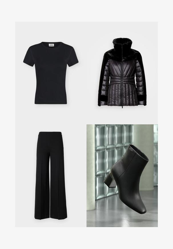 Chaqueta acolchada negra con un alto cuello de pelaje sintético, diseño acolchado y bolsillos laterales con cremallera. Presenta una silueta ajustada y acentos texturizados.; Camiseta negra de punto acanalado de manga corta con cuello redondo y etiqueta de marca cosida en el interior del cuello, mostrada sobre un fondo liso gris claro.; Pantalones de pierna ancha negros con una textura suave, que presentan una cinturilla alta y sin cierres visibles. Diseño simple y limpio.; Botín de cuero negro con tacón cuadrado, logo DKNY cerca de la parte superior, exhibido frente a una pared de bloques de vidrio y suelo de hormigón pulido.