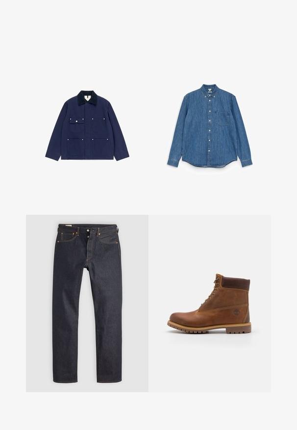 Marineblaue Jacke mit schwarzem Kragen, vier Vordertaschen, darunter eine mit Knopfklappe, langen Ärmeln und einem verdeckten vorderen Verschluss.; Blaues Denim-Hemd mit langen Ärmeln, spitzem Kragen, weißen Knöpfen, einer einzelnen Brusttasche und geradem Saum. Gleichmäßige Textur und mittleres Gewicht.; Dunkelblaue Jeans aus Denim mit geradem Bein, versehen mit orangefarbener Naht und klassischem Five-Pocket-Design. Verschluss mit Knopf und Reißverschluss.; Braune Lederwanderschuhe mit glatter Oberfläche, gepolstertem Knöchel, Metallösen und einer Gummisohle mit robustem Profil.